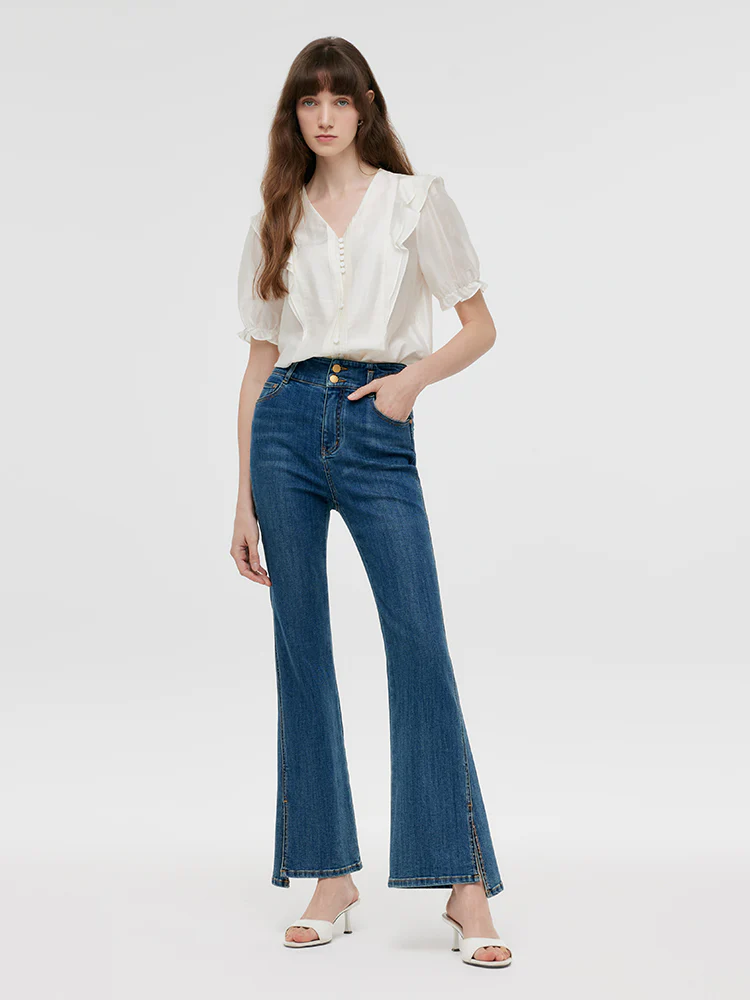 Lyocell V-Neck Ruffle Puff Sleeves Women Blouse - Image 2