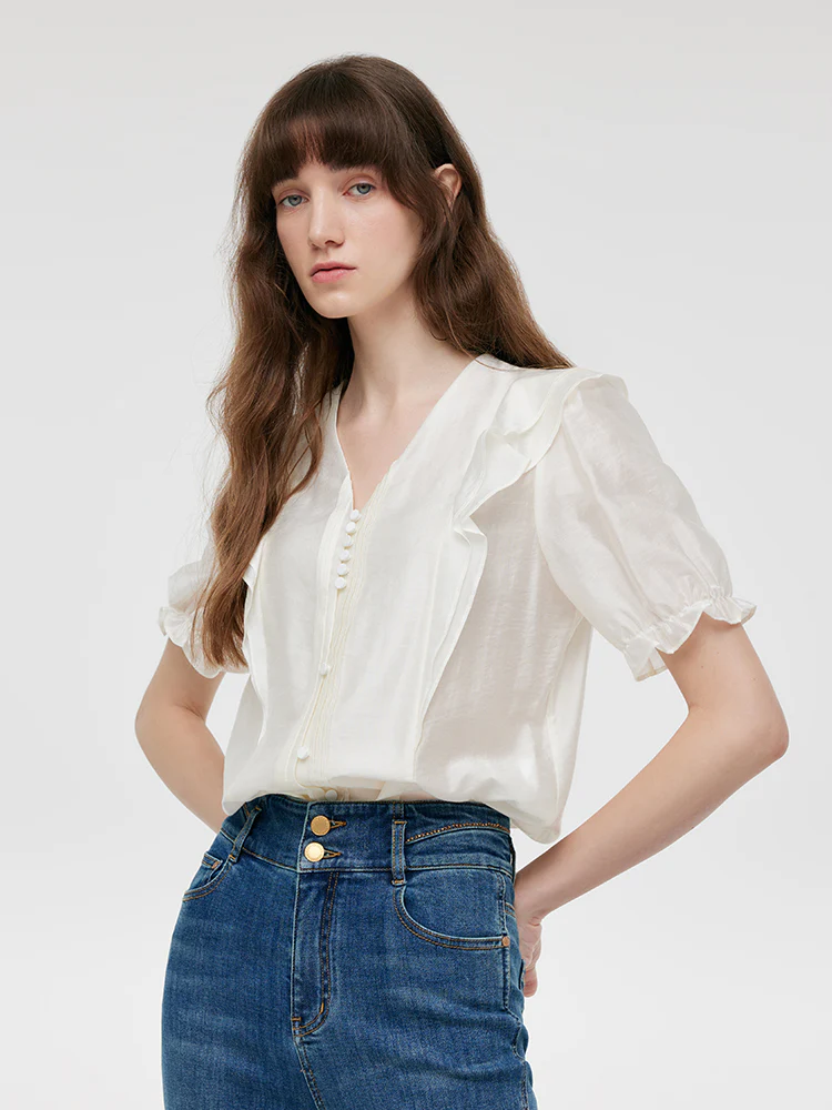 Lyocell V-Neck Ruffle Puff Sleeves Women Blouse - Image 4