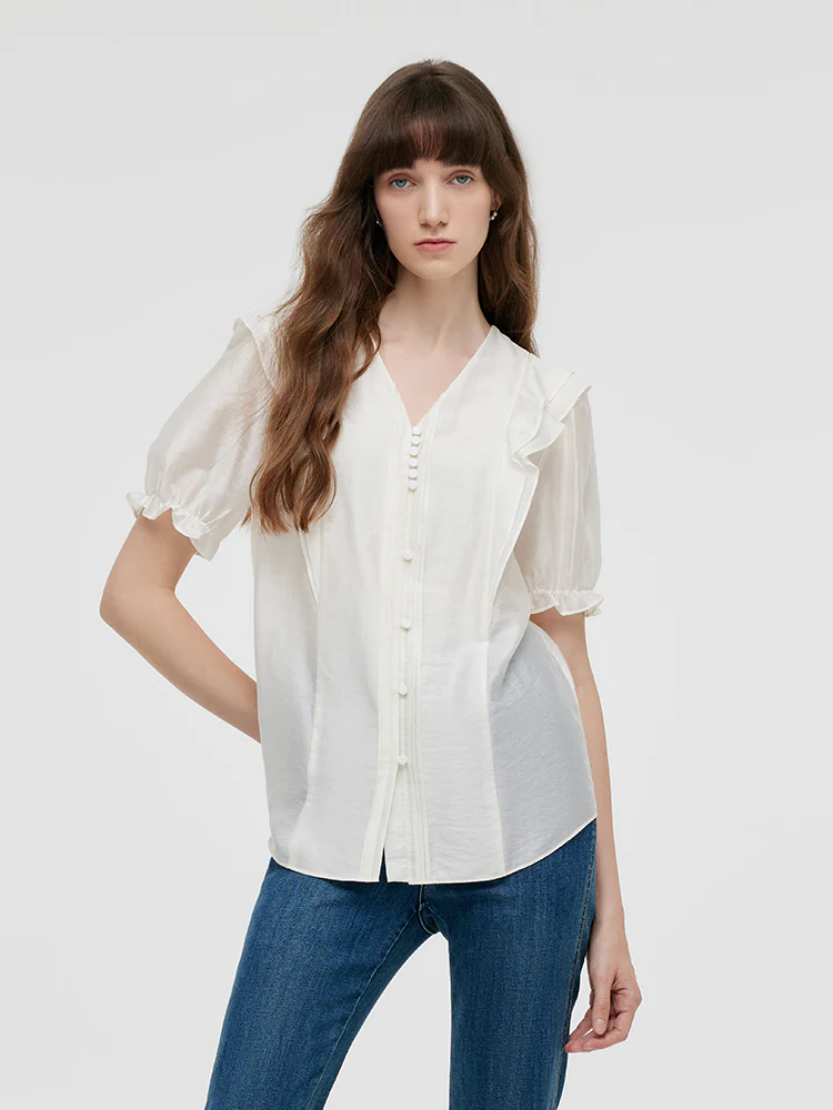 Lyocell V-Neck Ruffle Puff Sleeves Women Blouse - Image 5