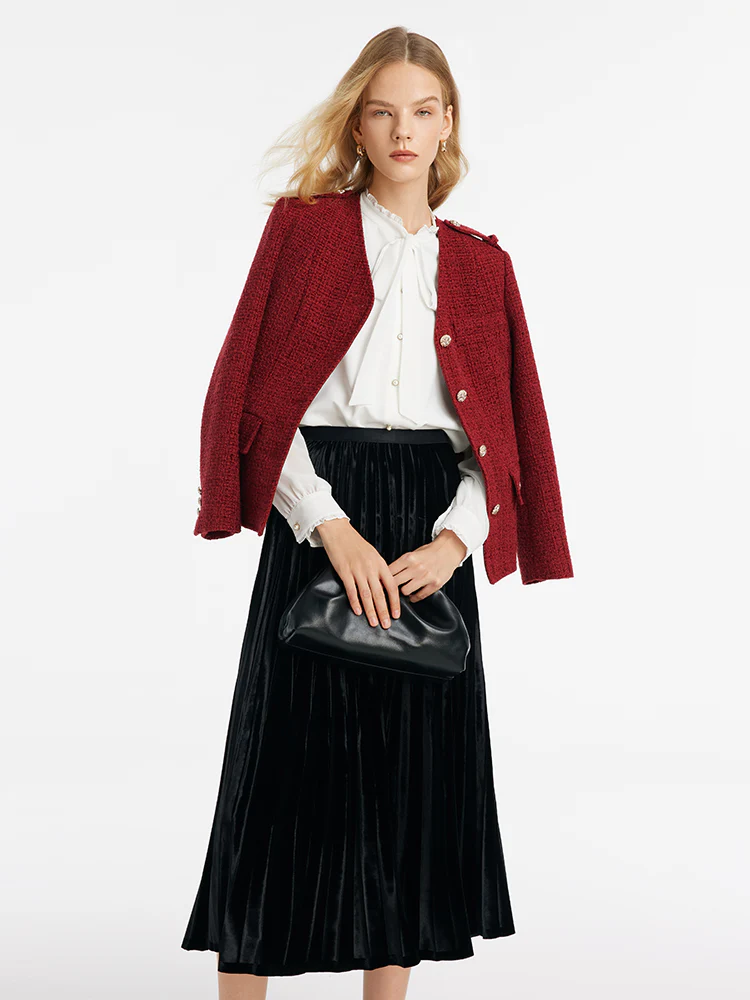 V-Neck Single-Breasted Tweed Women Jacket - Image 5