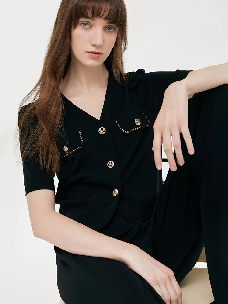 V-Neck Top And Straight Pants Two-Piece Set - Image 7