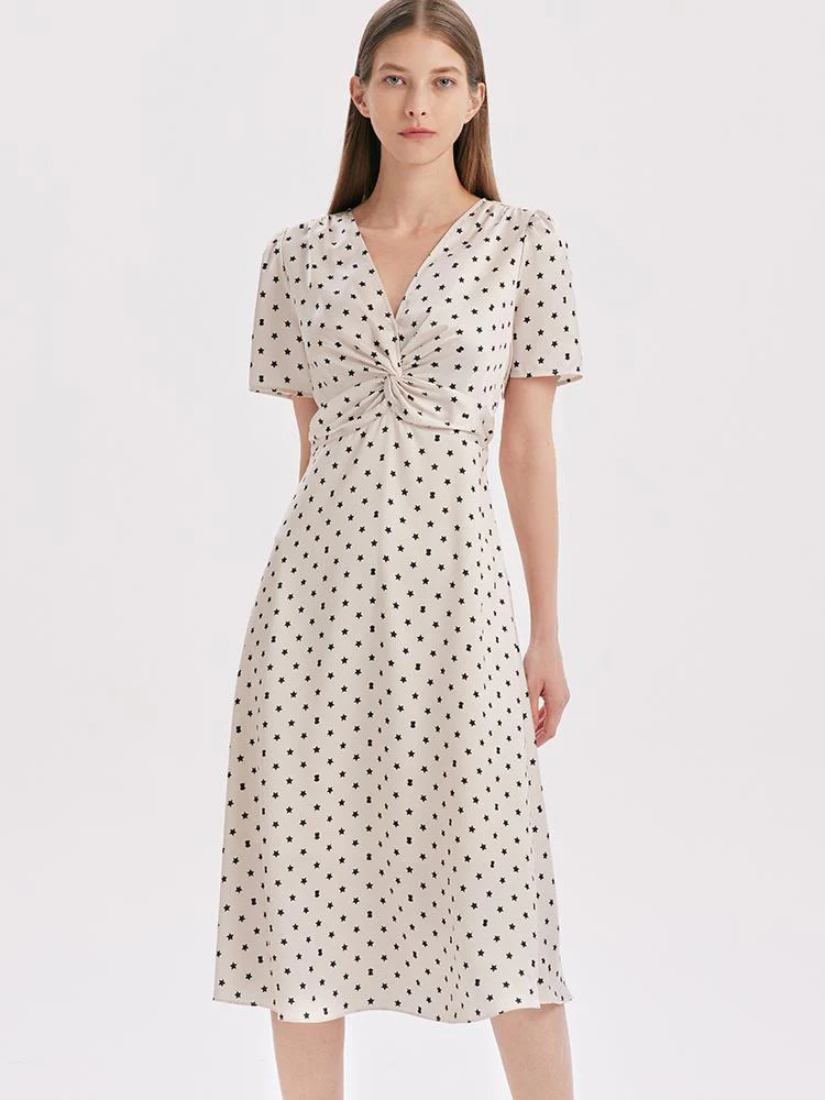 Beige Combo Print V-Neck Twisted Polka Dot Midi Dress - Image 3