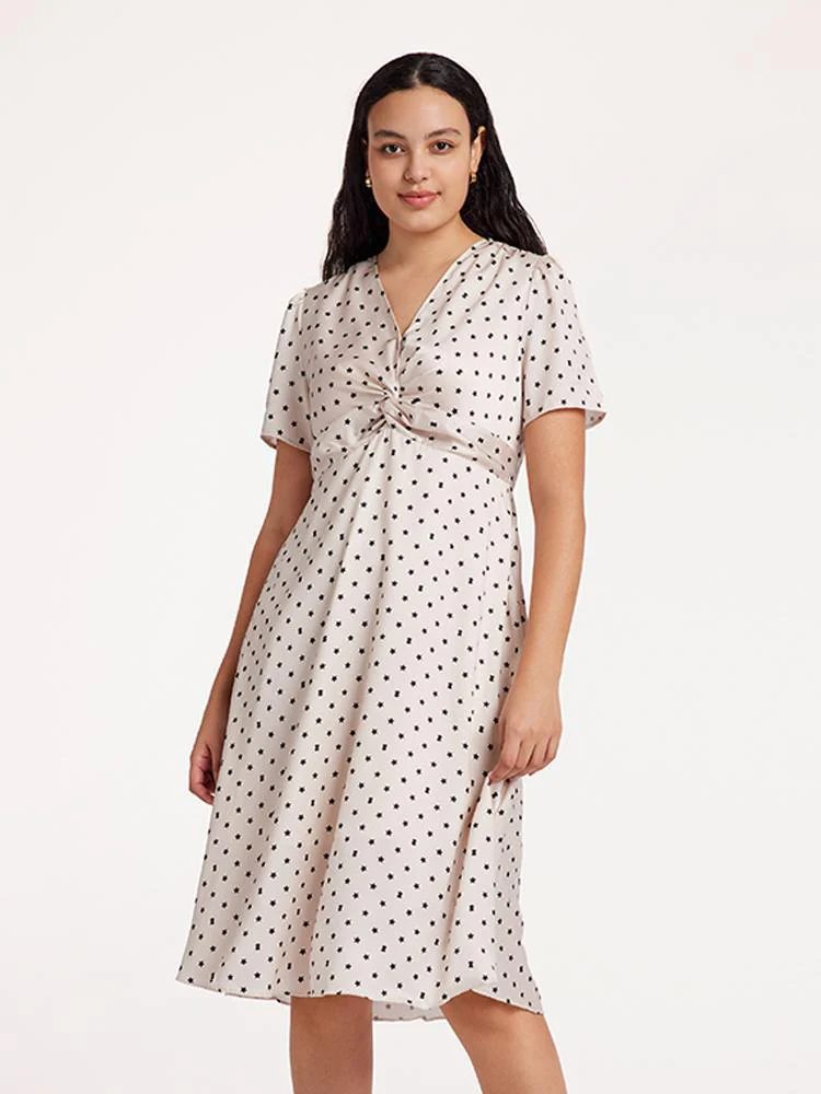 Beige Combo Print V-Neck Twisted Polka Dot Midi Dress - Image 5