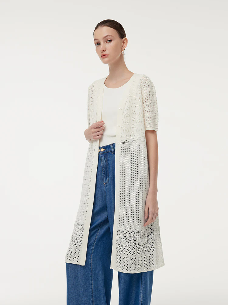 V-Neck Women Long Open-Knit Cardigan - Image 4