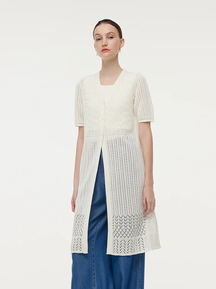 V-Neck Women Long Open-Knit Cardigan - Image 5