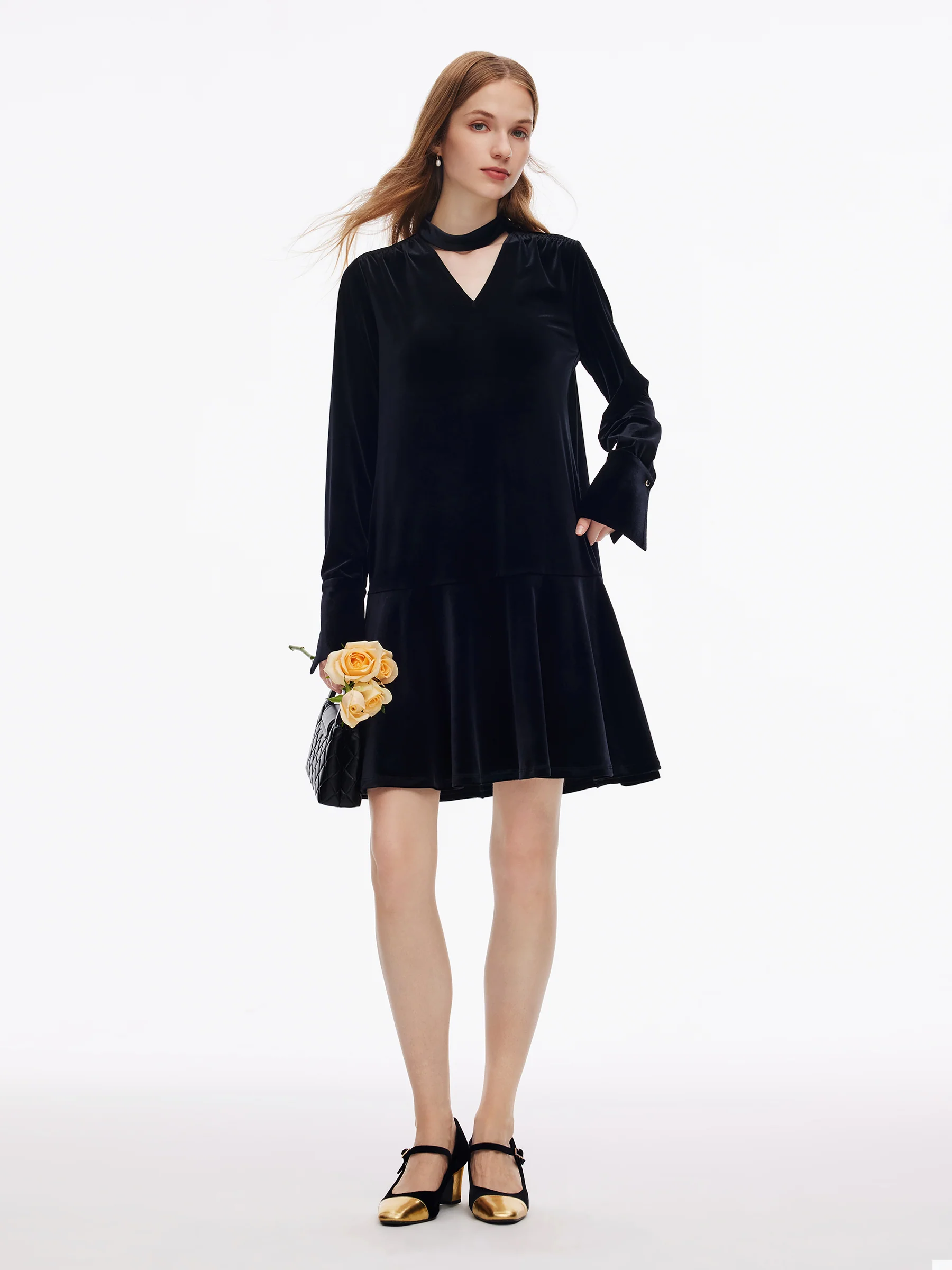Velvet Ribbon V-Neck Ruffle Hem Women Mini Dress