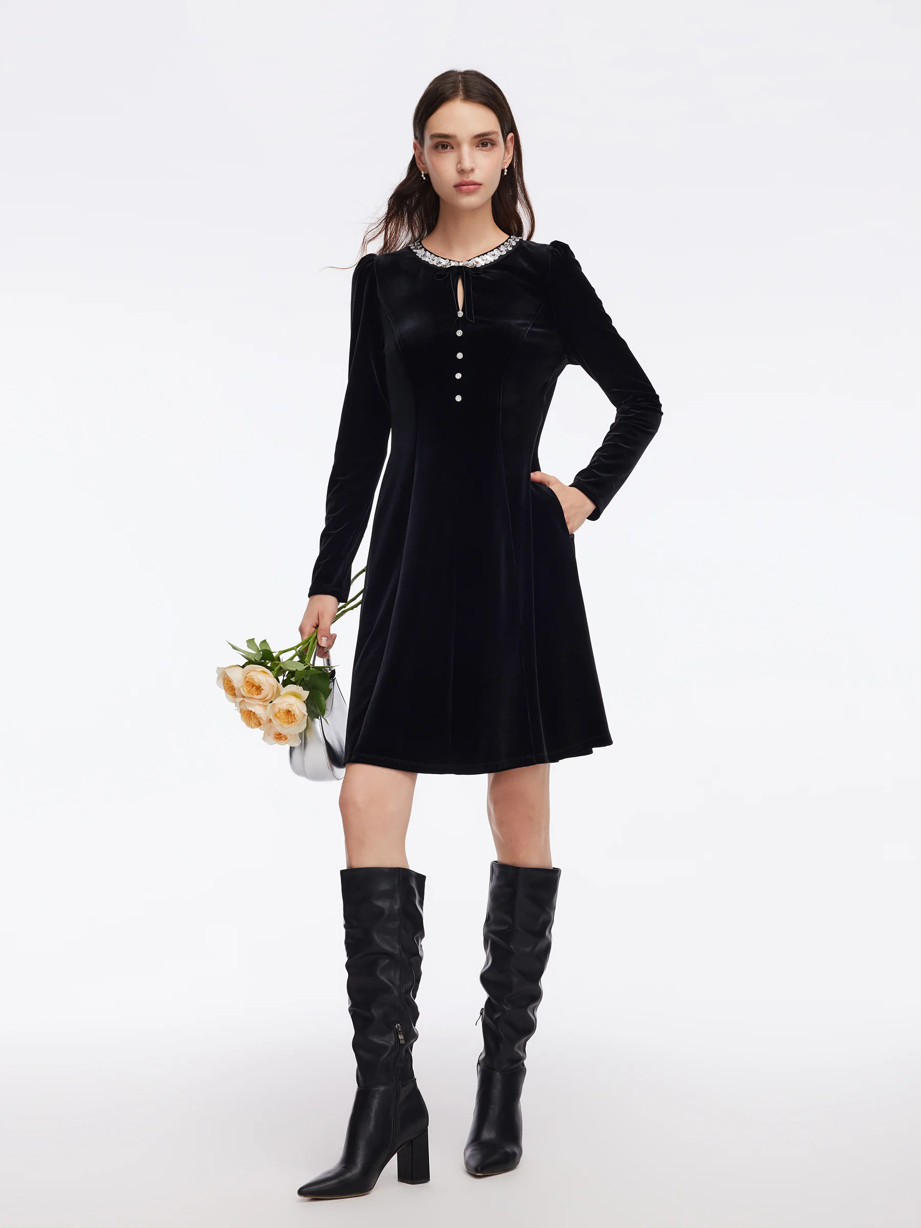 Velvet Sequined Round Neck Women Mini Dress - Image 3