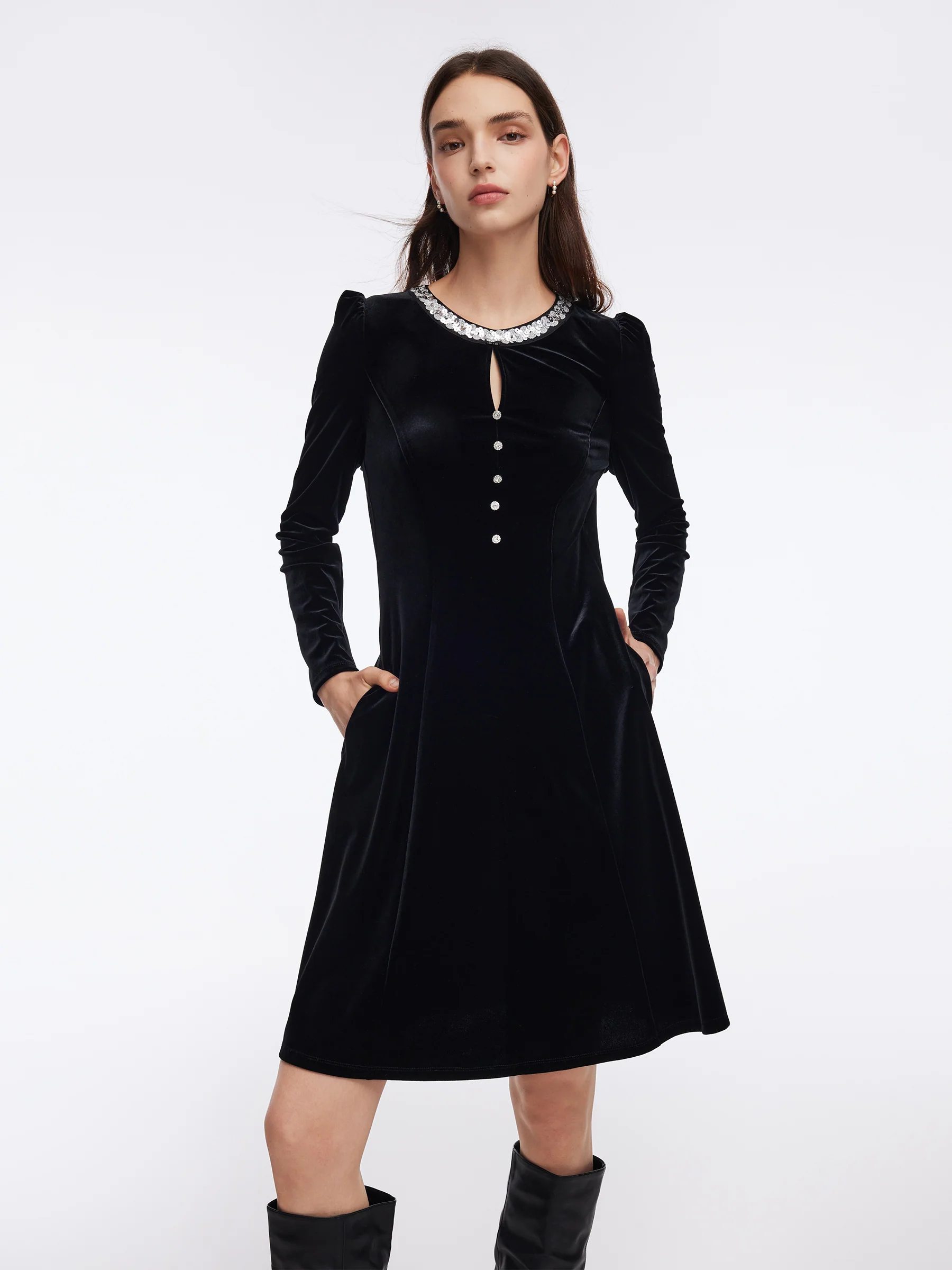 Velvet Sequined Round Neck Women Mini Dress - Image 6