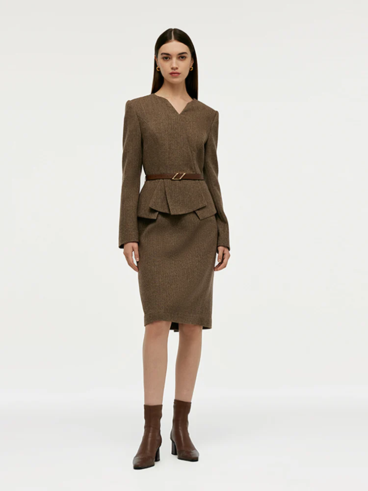 Washable Wool Faux-Layered Women Mini Dress With Belt - Image 2