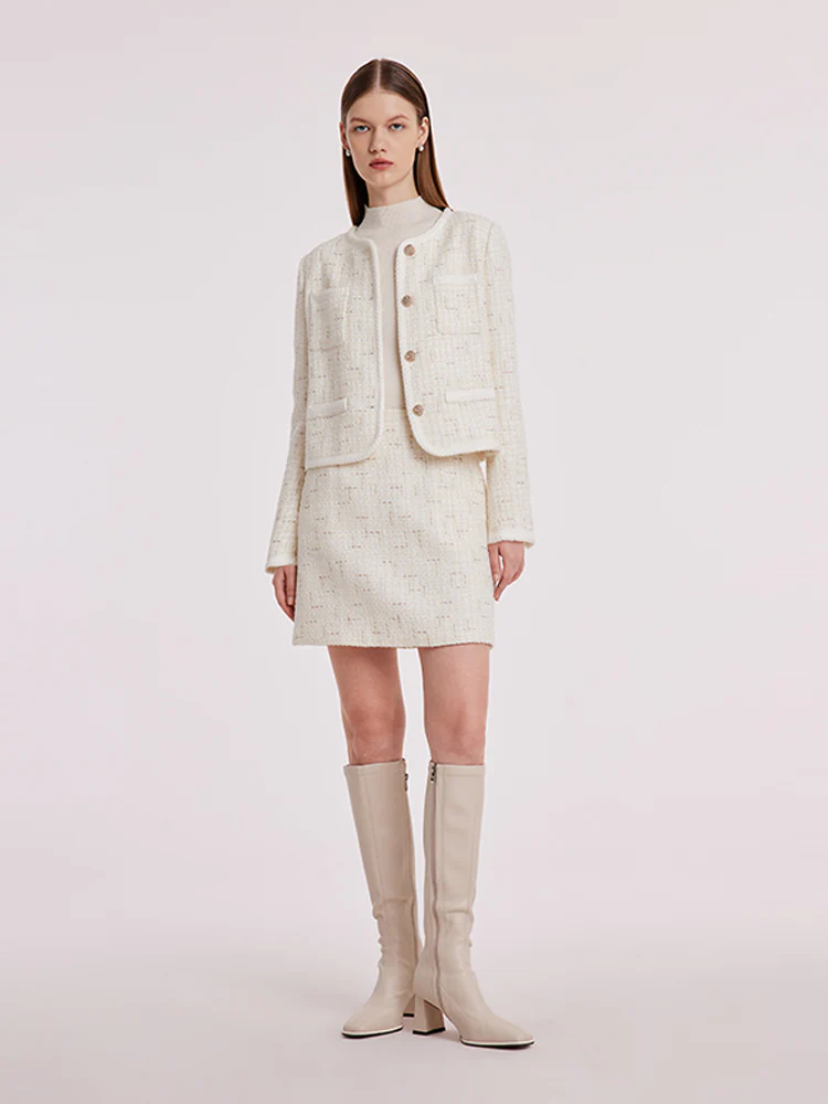 White Knitted Tweed Crop Jacket - Image 2