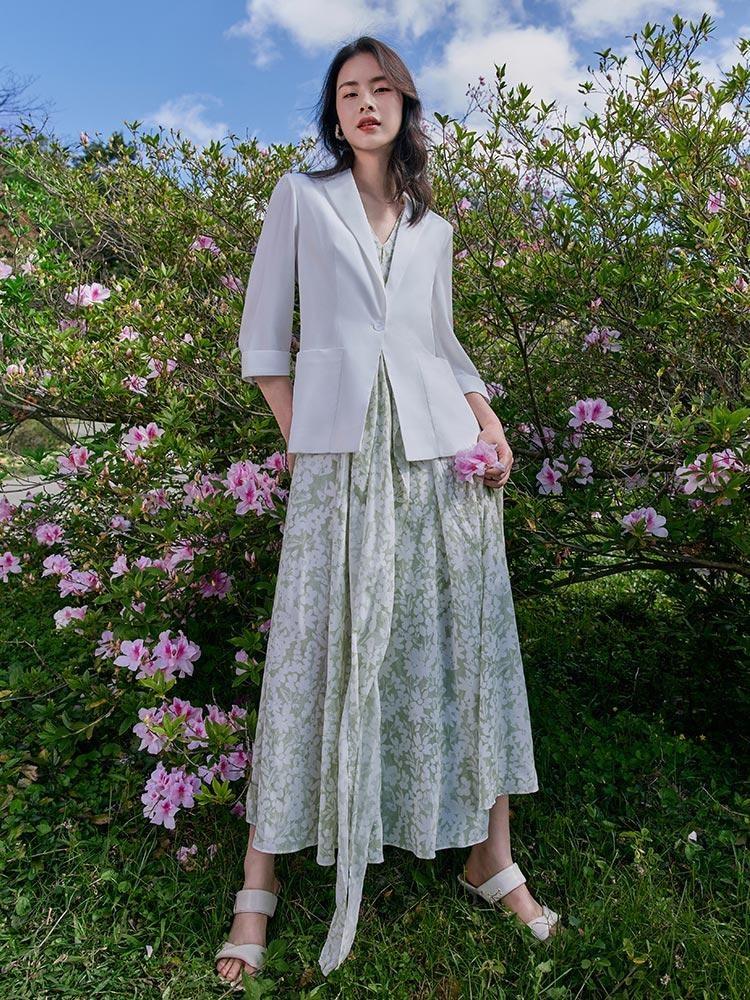 White Triacetate Three Quarter Sleeve Slim Women Blazer - Image 3