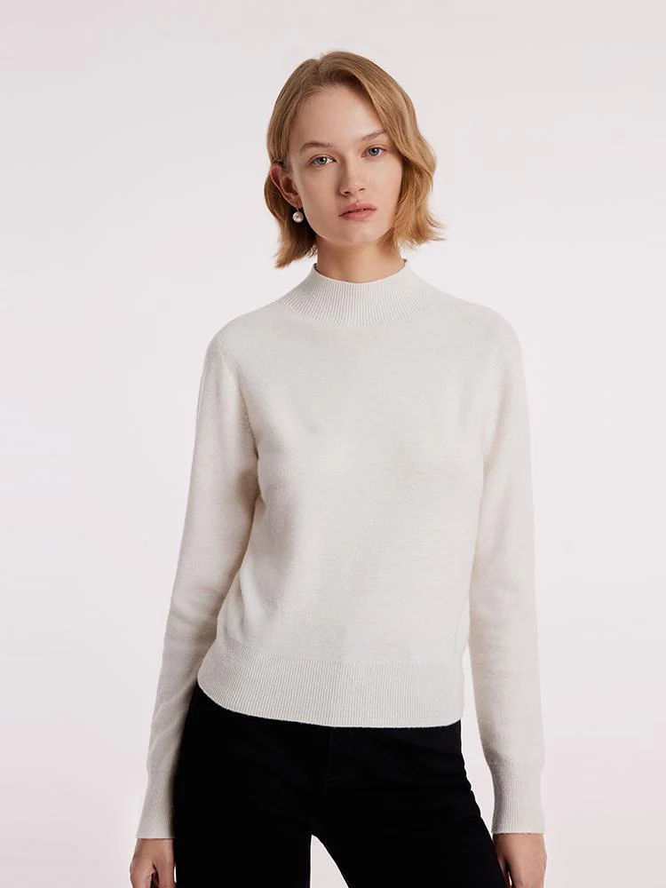 White Wool Sequins Seamless Mock Neck Women Sweater - Image 3