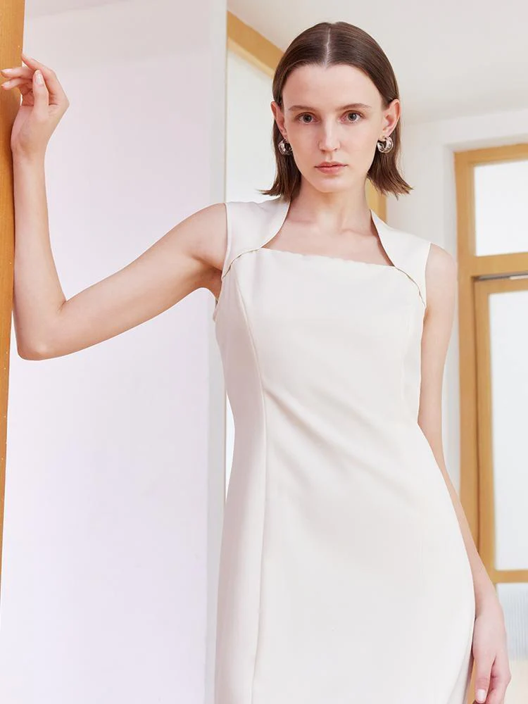 White Slim Midi Tailored Wool Dress - Image 4