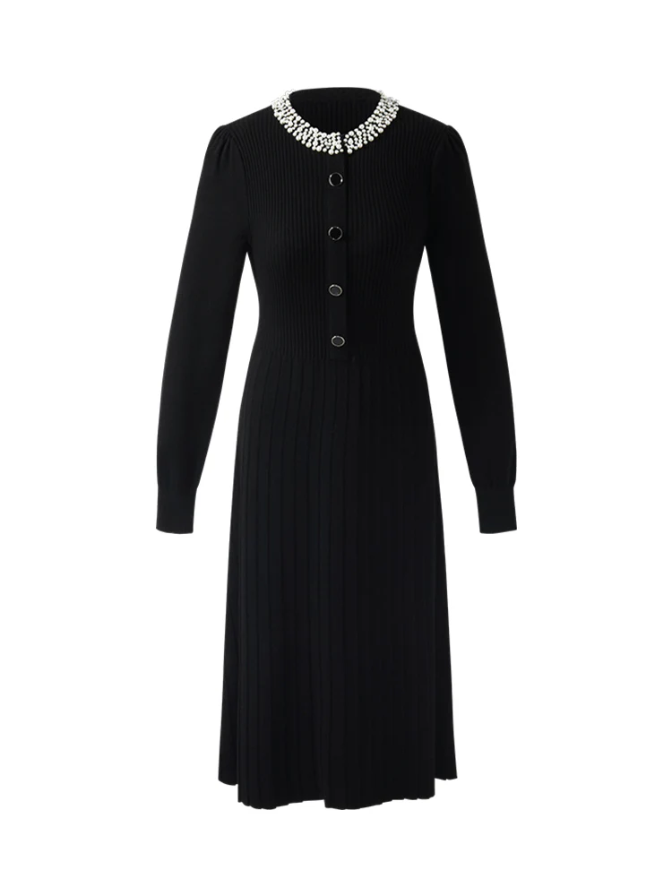 Wool Blend Beaded Neck Women Midi Dress - Image 6
