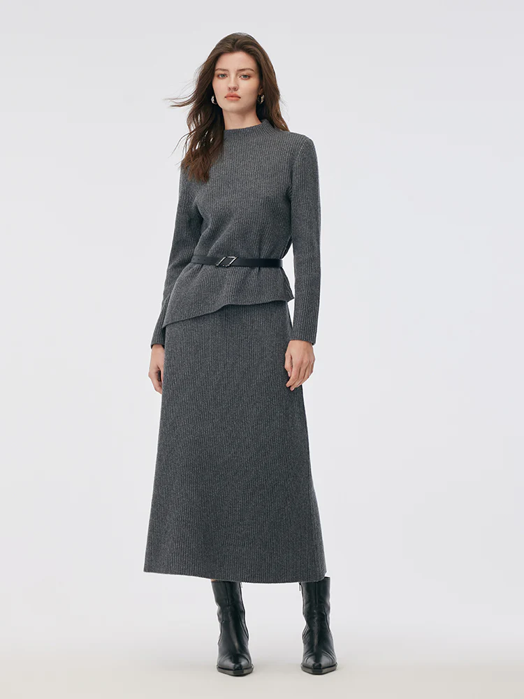 Wool Blend Mock Neck Sweater And A-Line Skirt Two-Piece Set With Belt