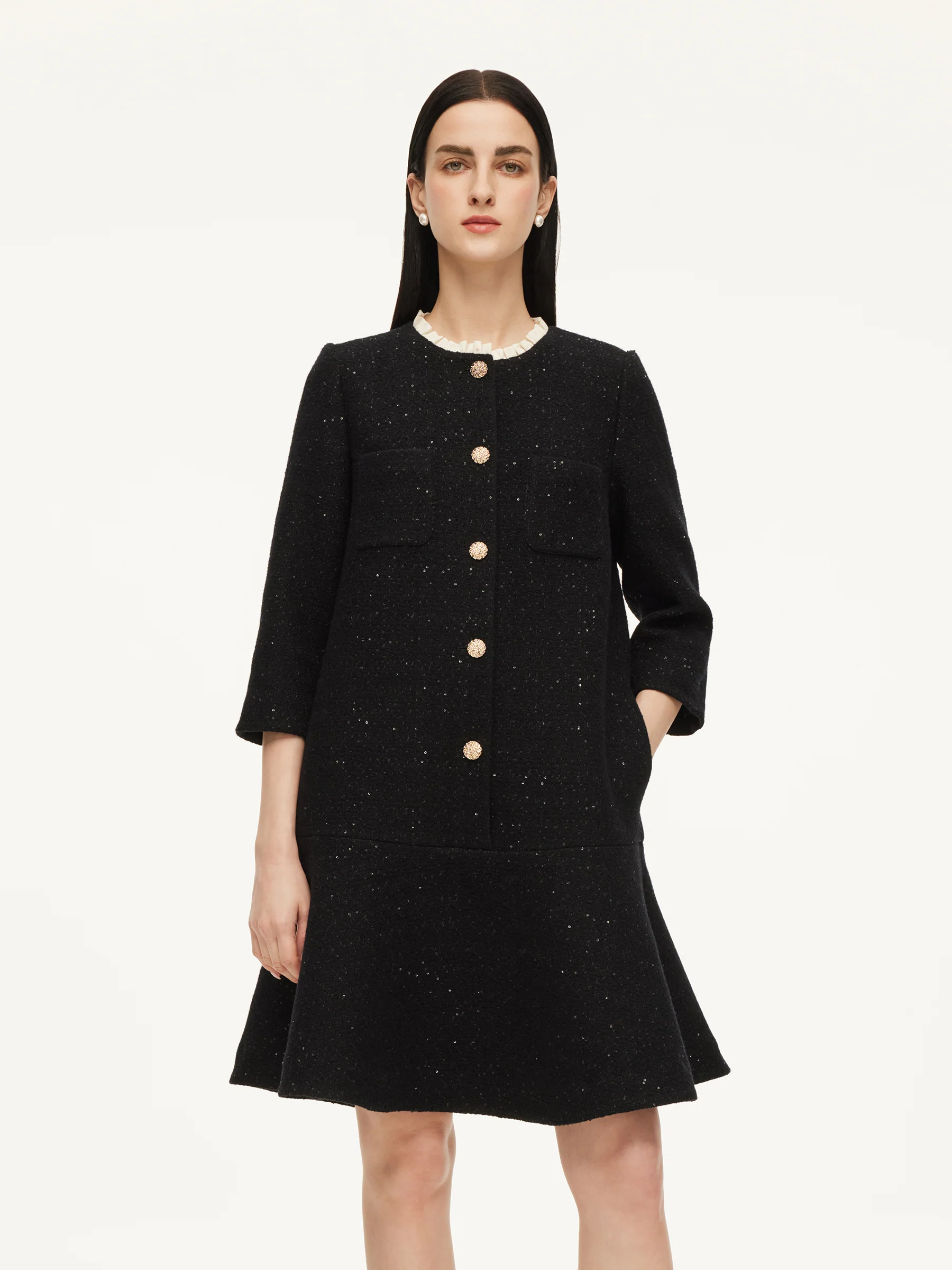 Wool Blend Sequins Ruffle Hem Women A-Line Mini Dress - Image 3