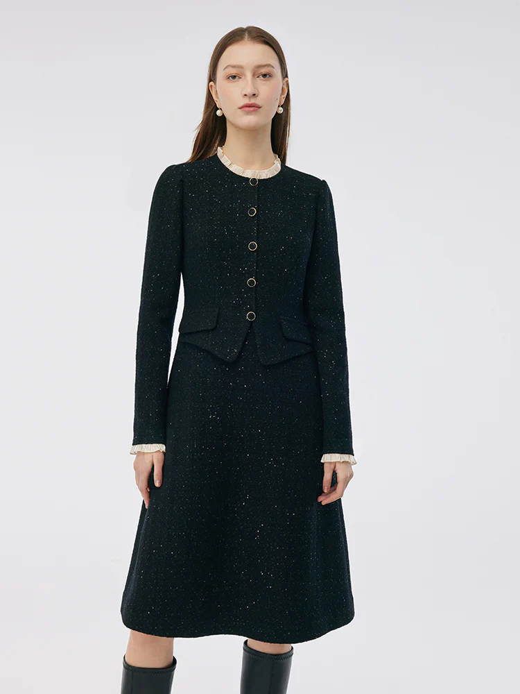 Wool Blend Sequins Tweed Ruffle Collar Women Midi Dress