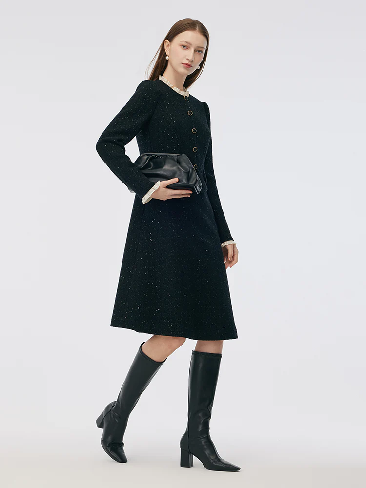 Wool Blend Sequins Tweed Ruffle Collar Women Midi Dress - Image 5