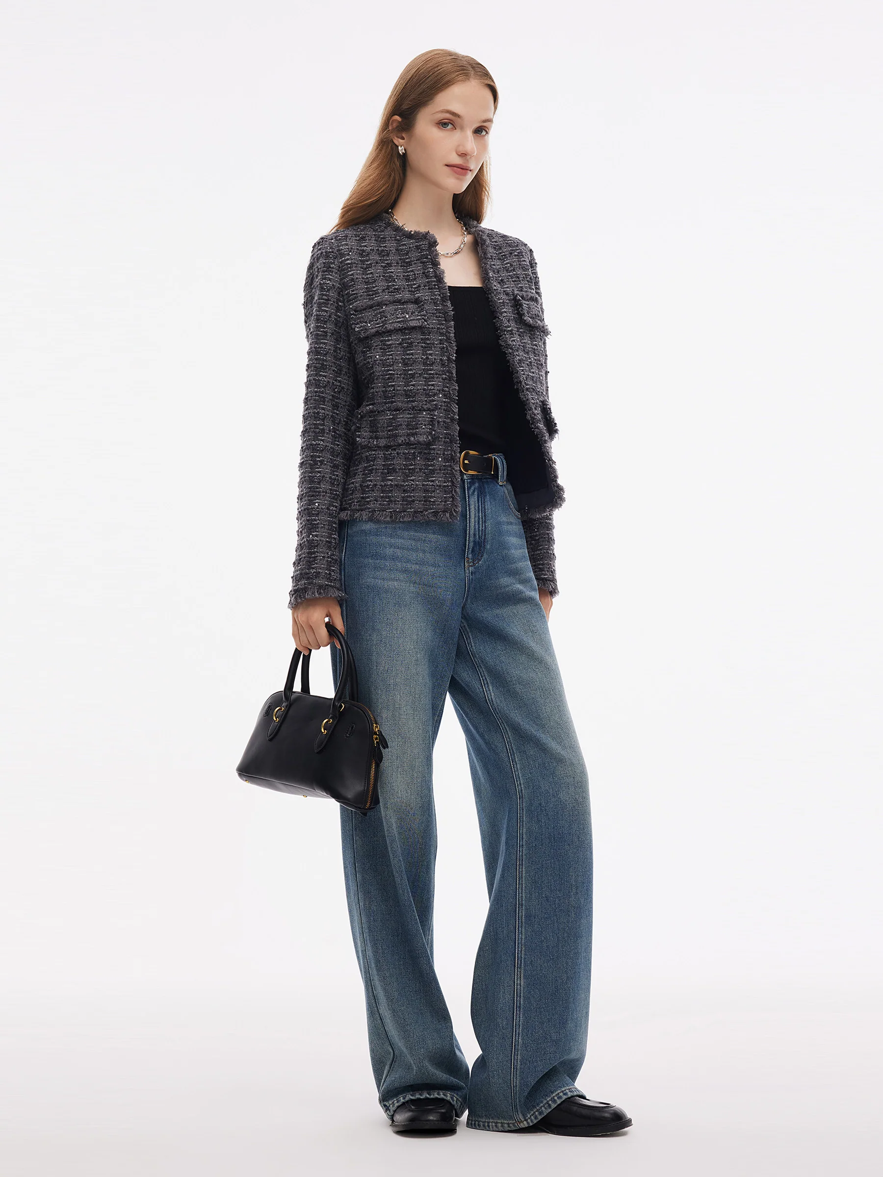 Wool Blend Sequins Tweed Women Frayed Edge Crop Jacket - Image 2