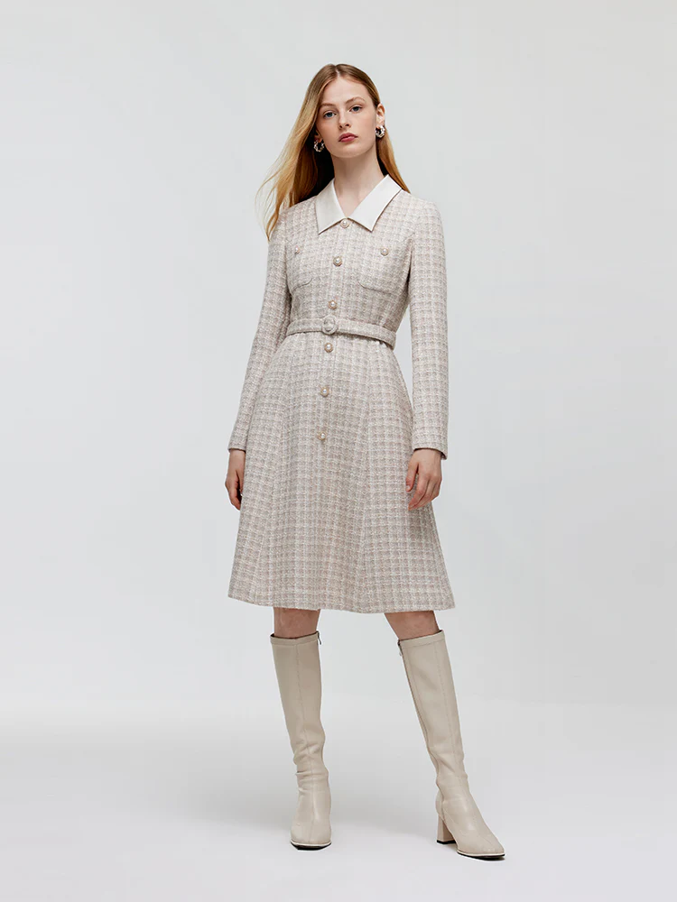 Wool Blend Tweed Patchwork Lapel Women Midi Dress With Belt - Image 2