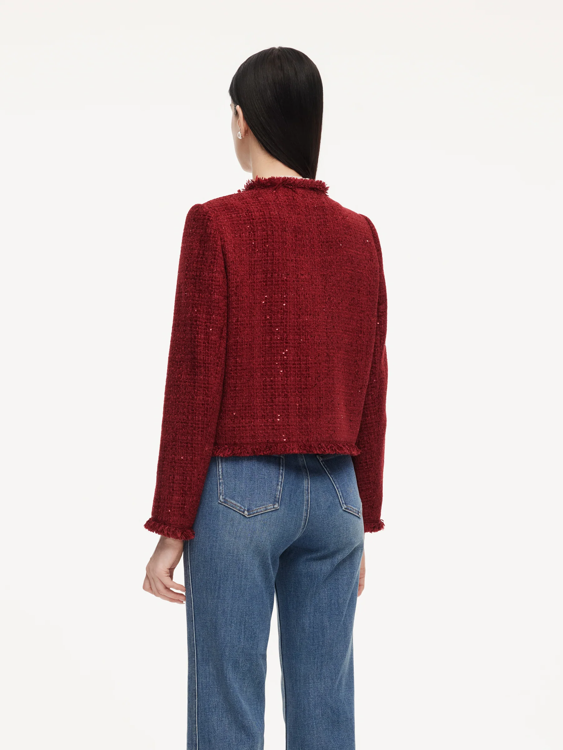 Wool Blend Tweed Sequins Fringe Trim Women Jacket - Image 5
