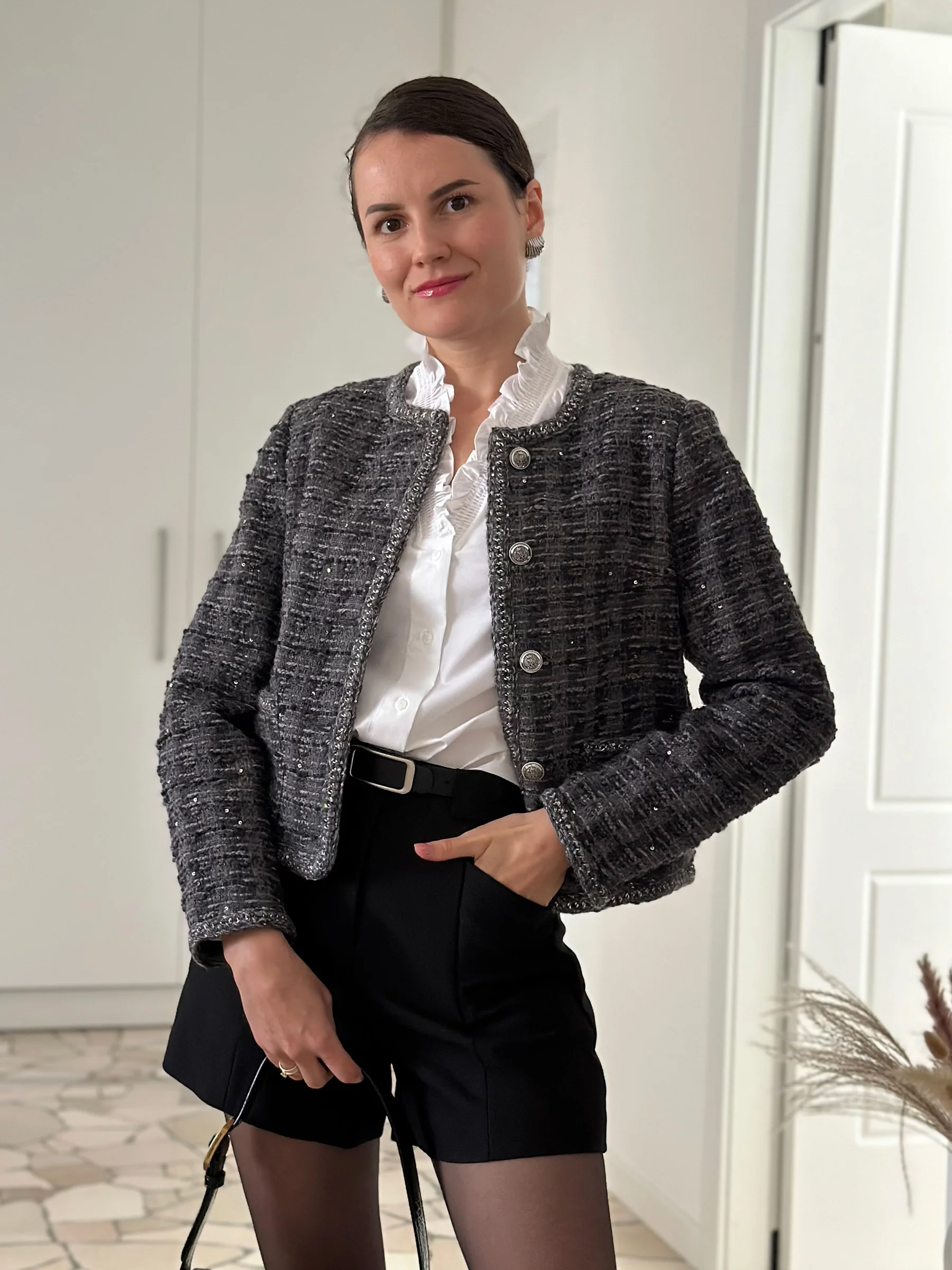 Wool Blend Tweed Sequins Women Crop Jacket