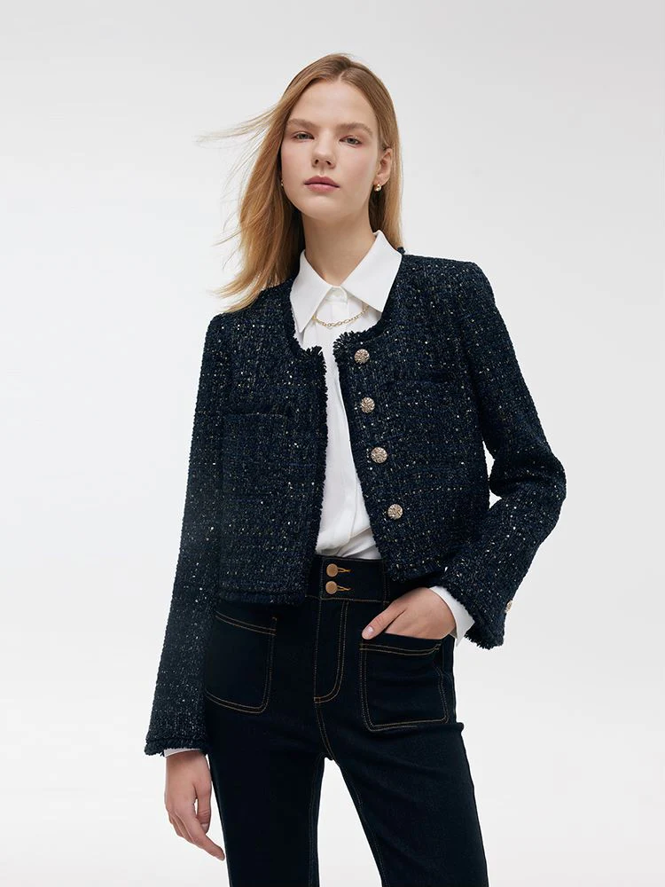 Wool Blend Tweed Square Neck Women Crop Jacket - Image 4