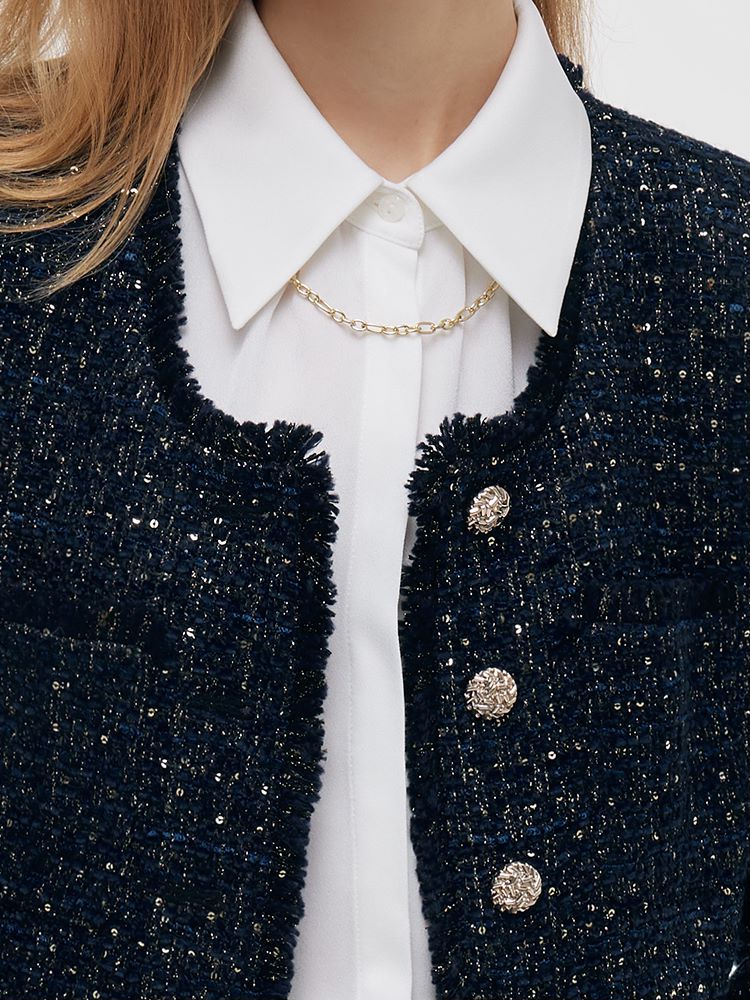 Wool Blend Tweed Square Neck Women Crop Jacket - Image 5