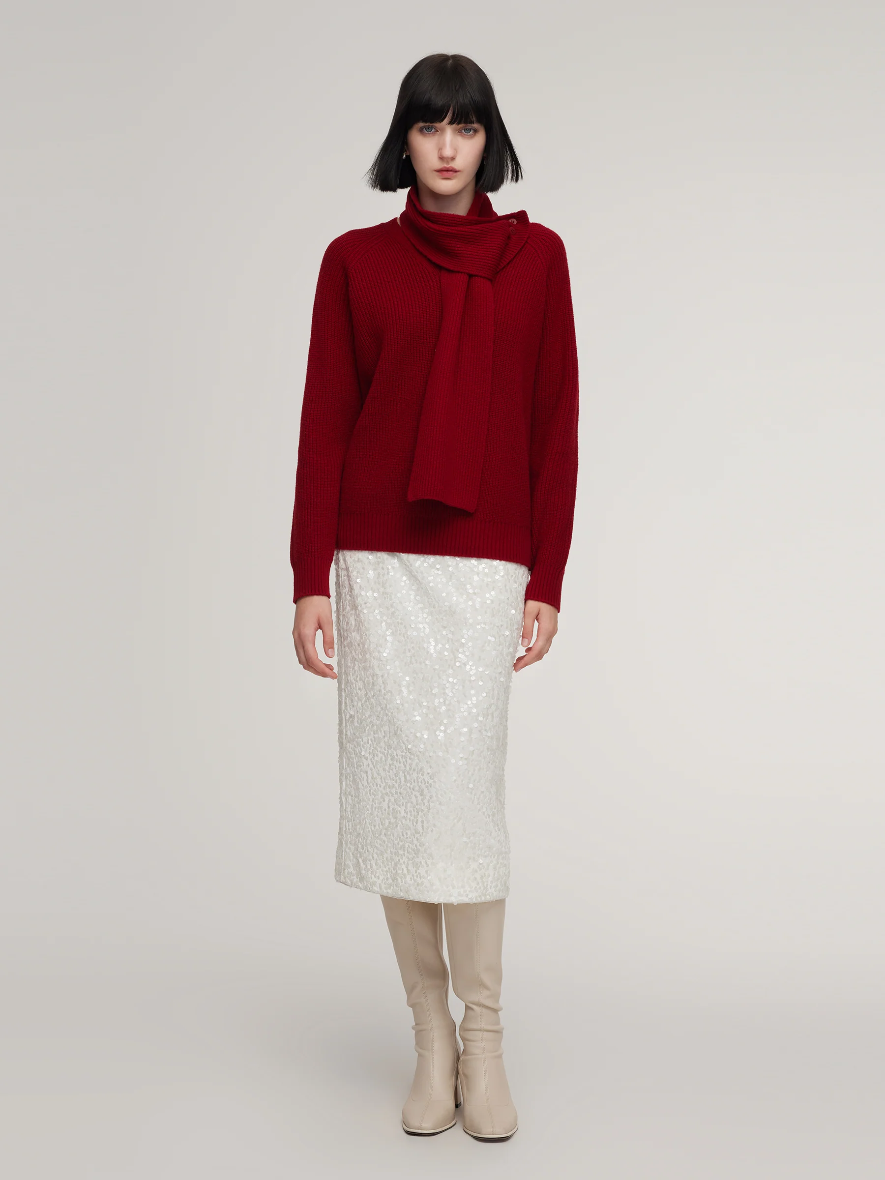 Wool Blend V-Neck Women Sweater With Detachable Scarf - Image 2