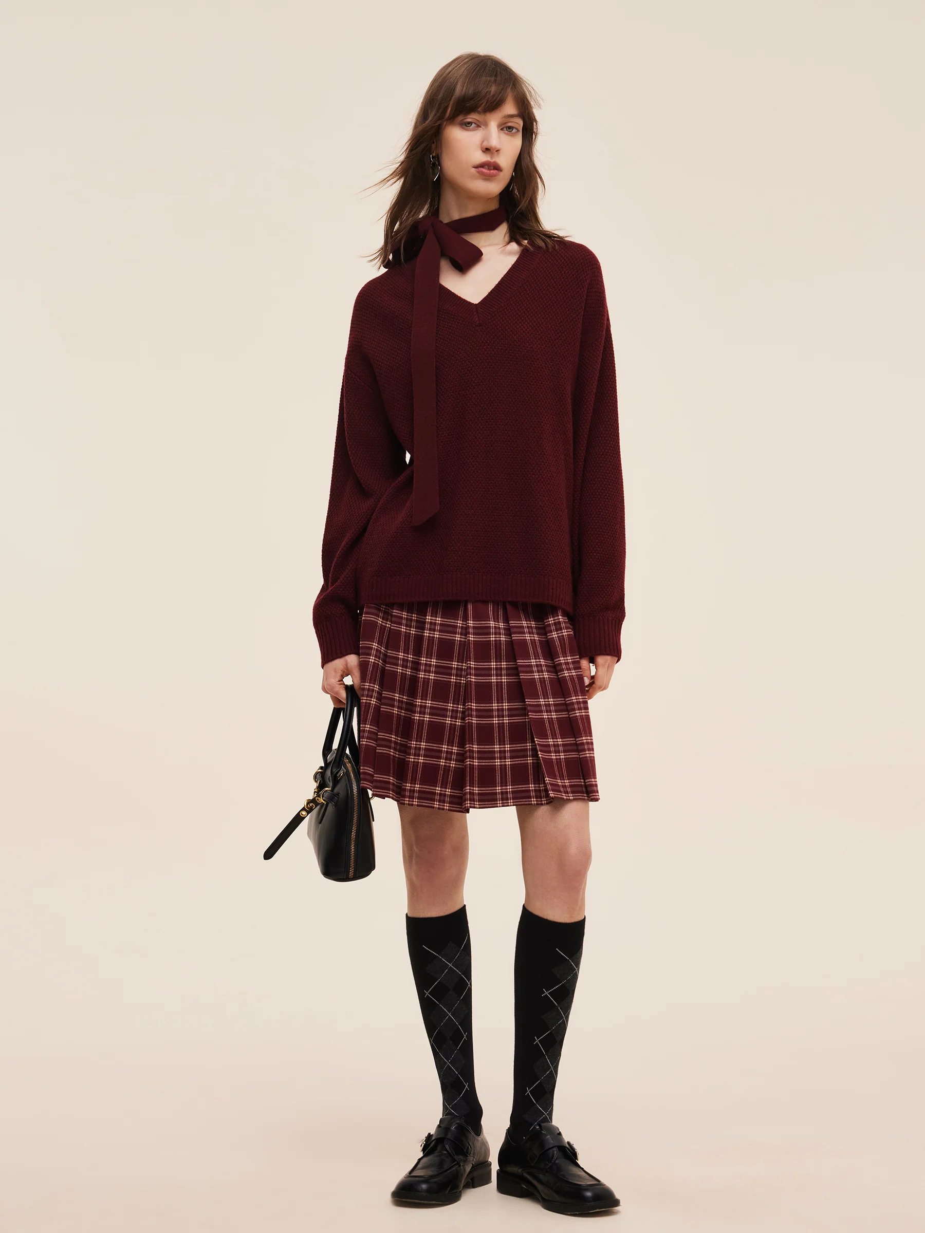 Wool Blend Women V-Neck Knit Top With Ribbon - Image 2