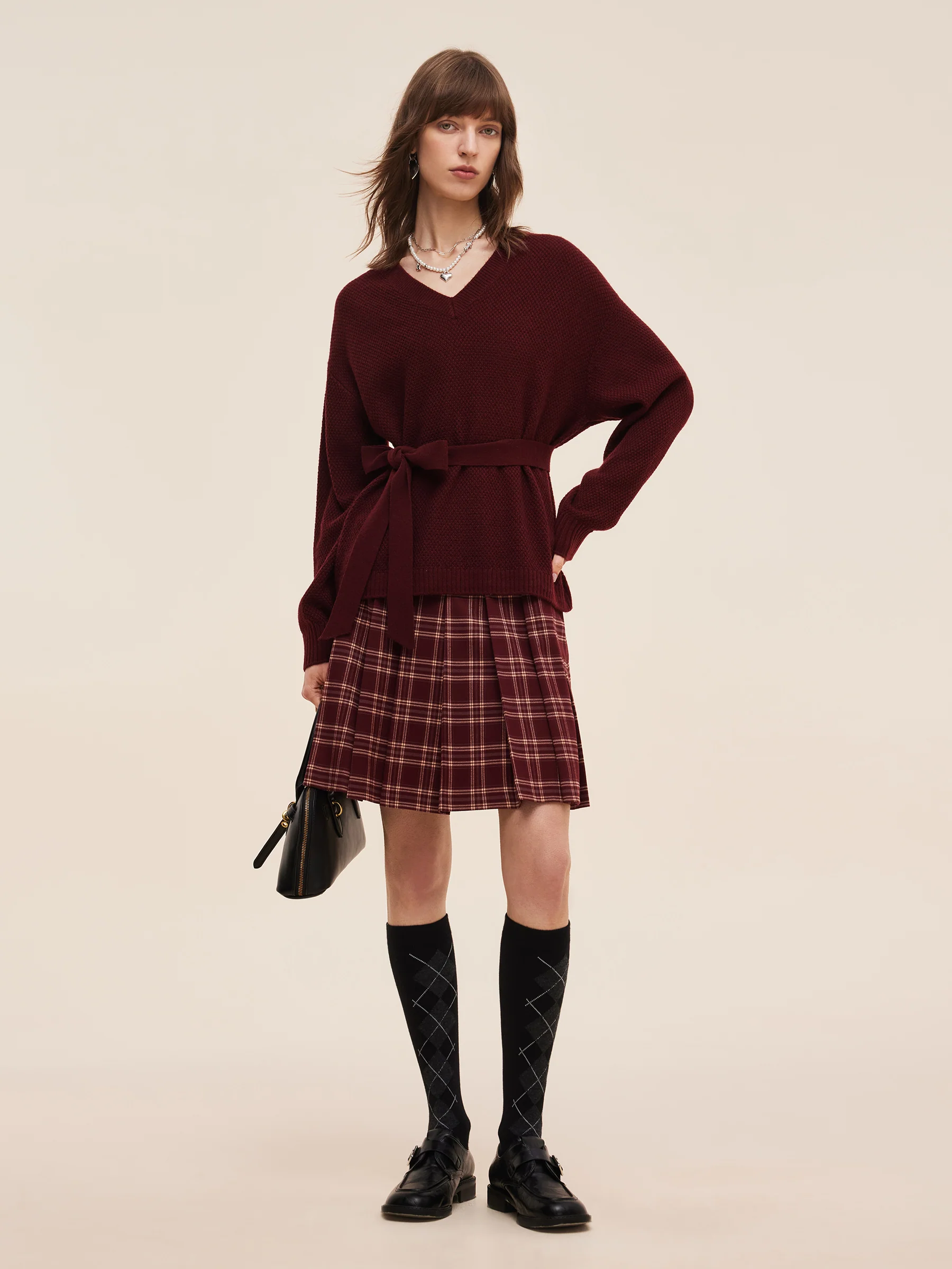 Wool Blend Women V-Neck Knit Top With Ribbon - Image 3