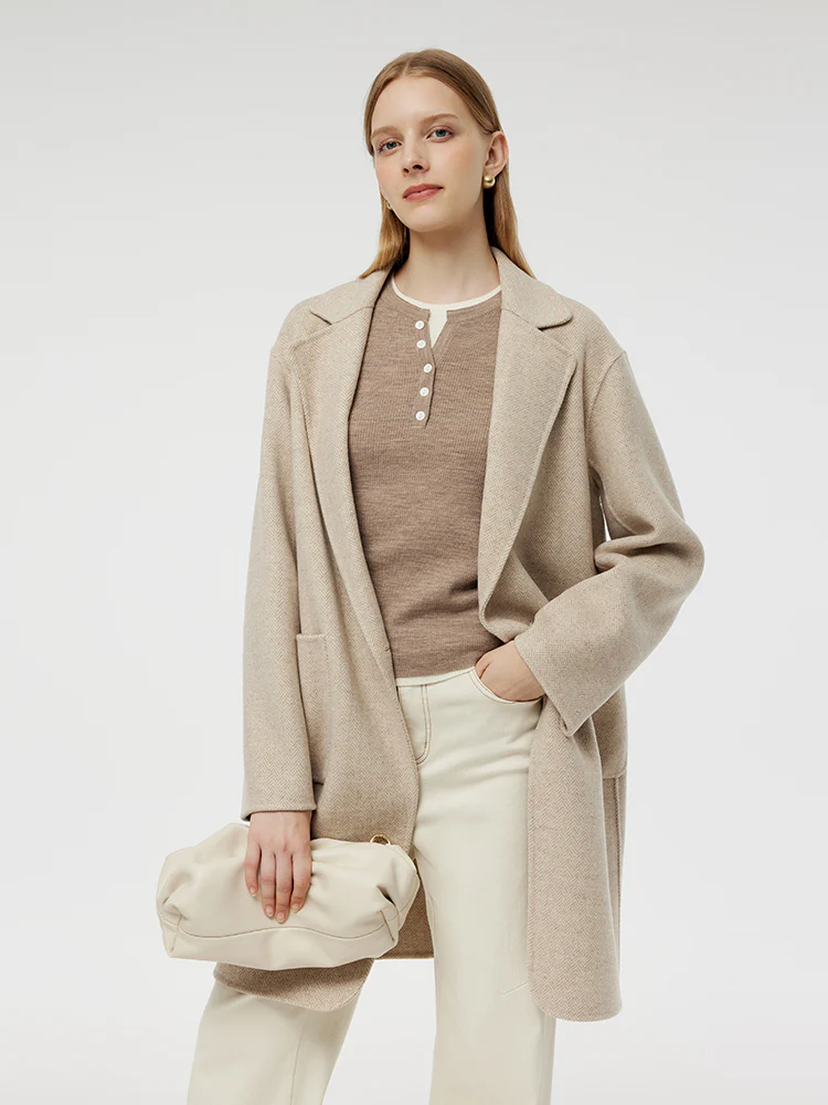 Wool Cashmere Herringbone Women Mid-Length Coat - Image 7