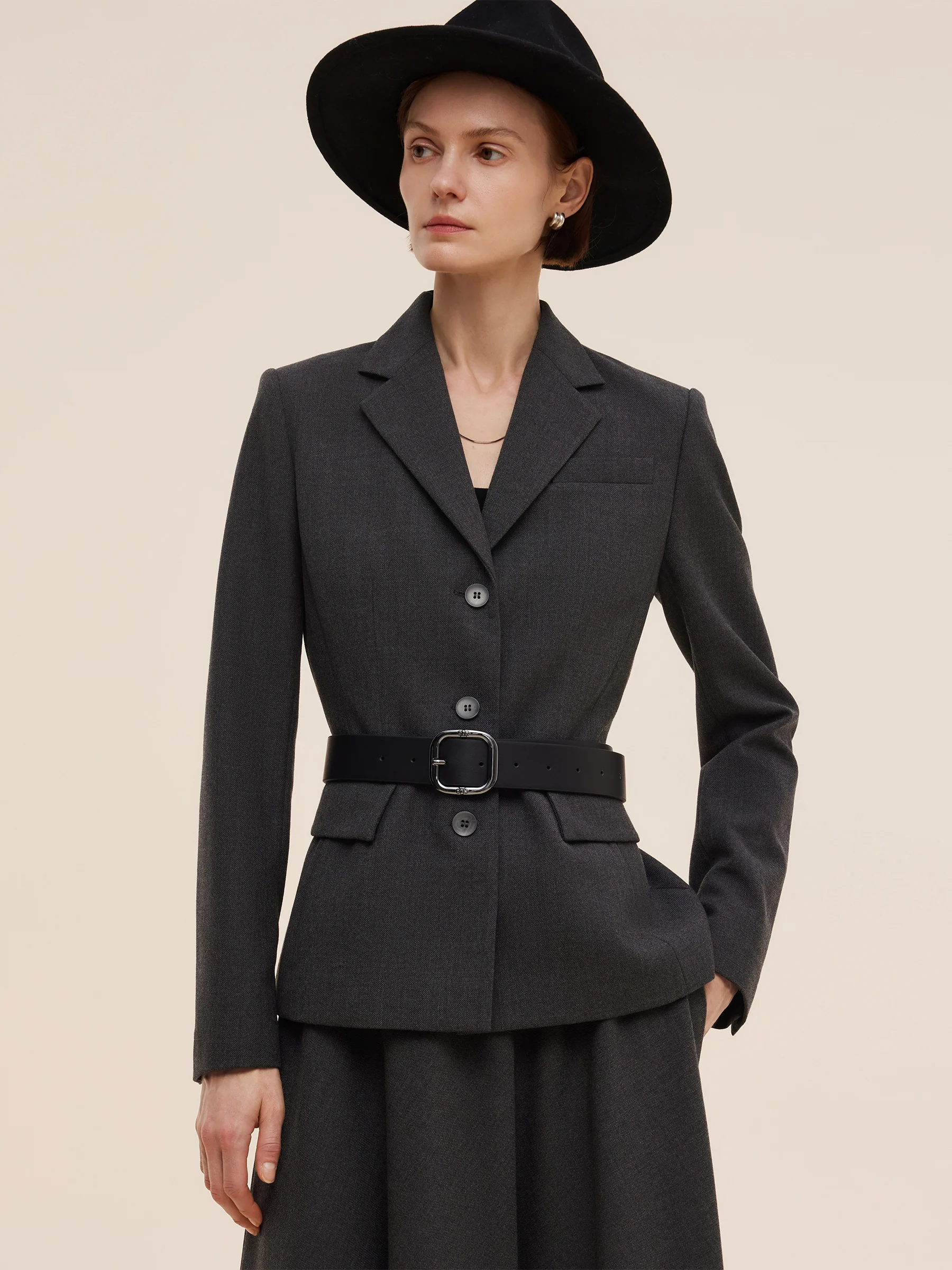 Worsted Wool Blend Women Blazer With Fringe Scarf And Belt