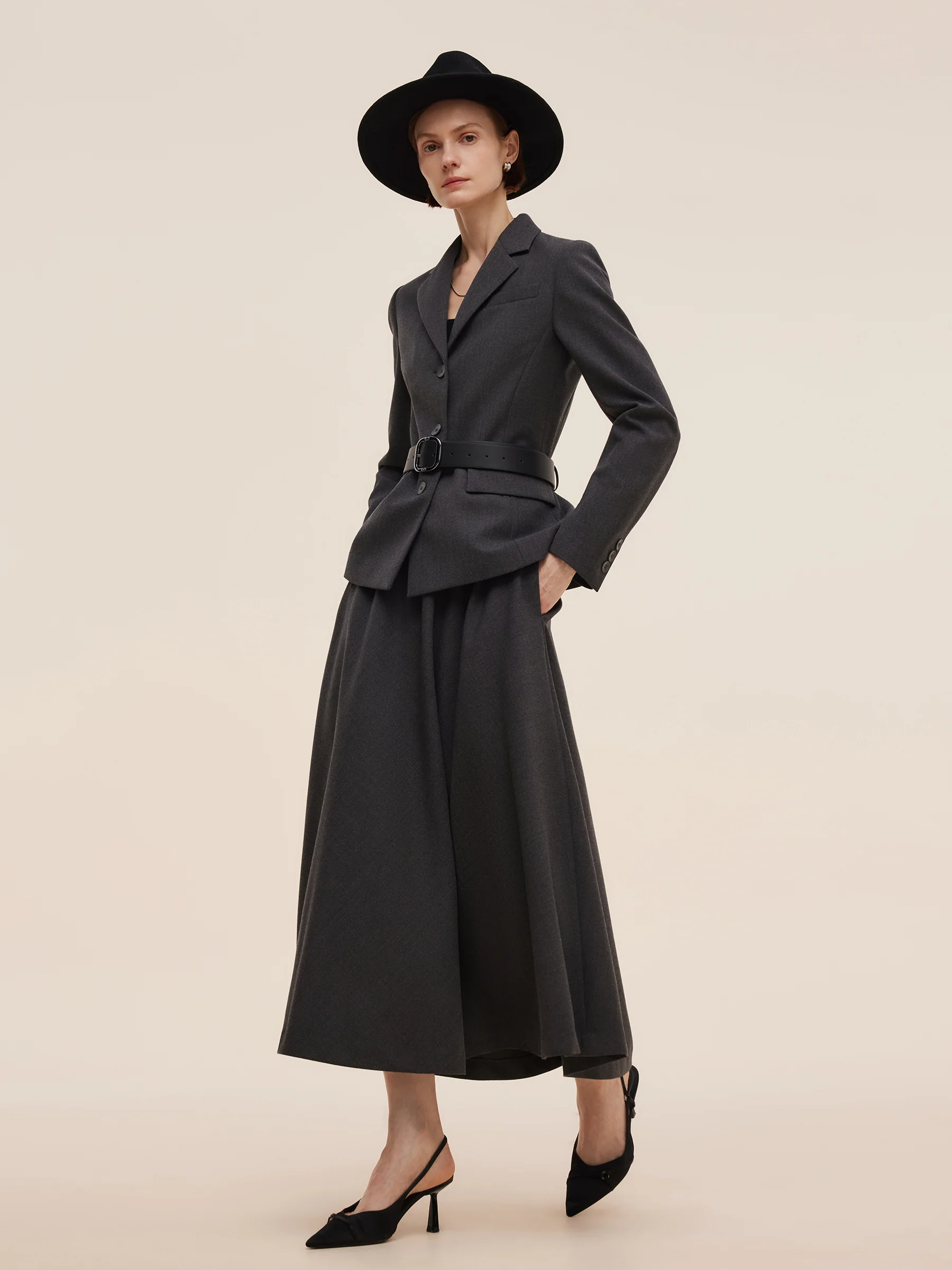 Worsted Wool Blend Women Blazer With Fringe Scarf And Belt - Image 5