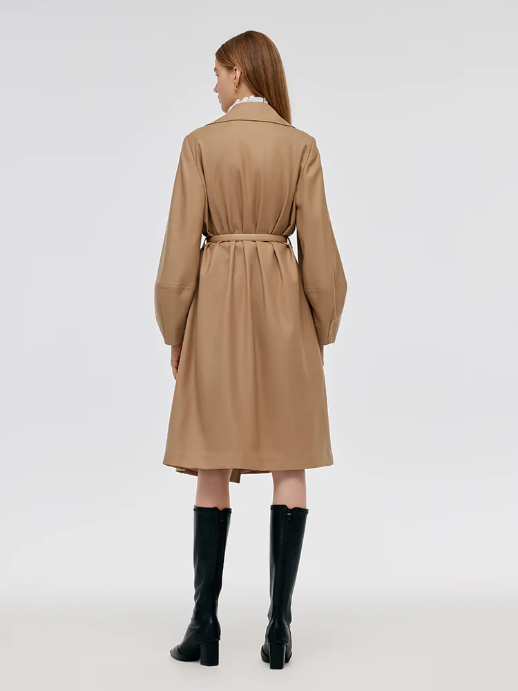 Worsted Wool Lantern Sleeve Women Trench Coat With Leather Belt - Image 6
