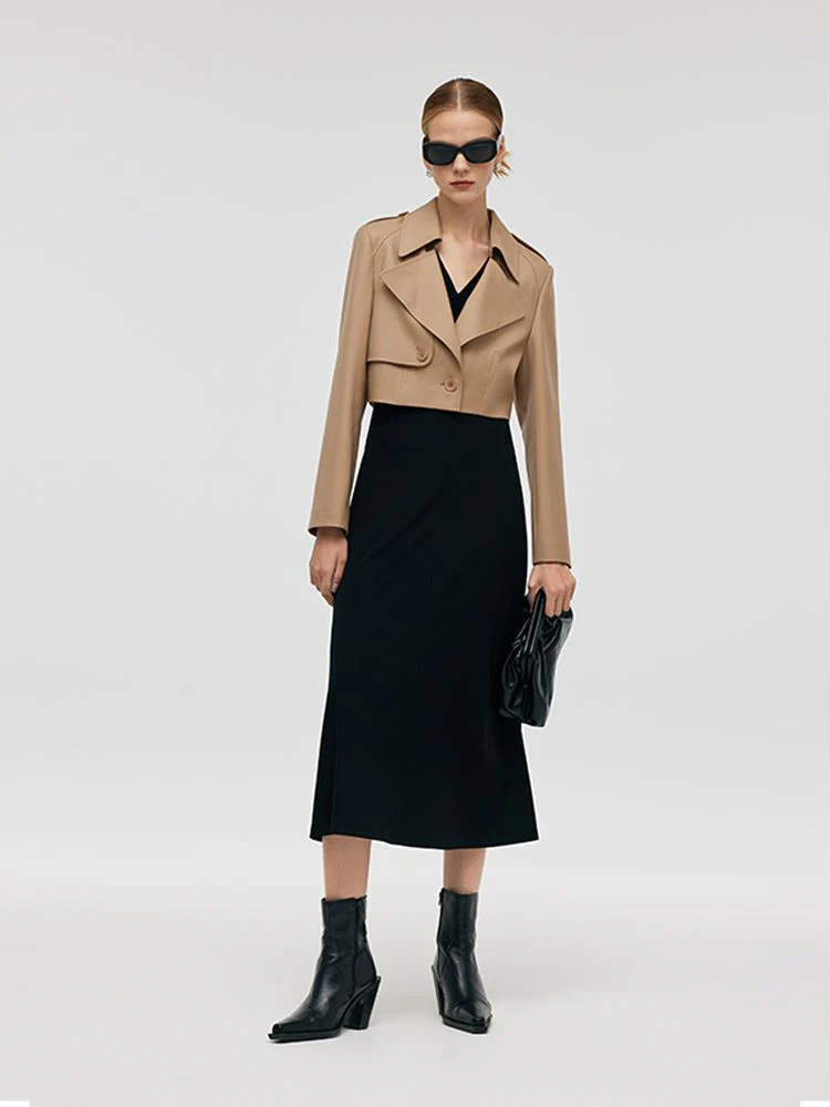 Worsted Wool Lapel Cropped Trench Coat And Acetate Midi Dress Two-Piece Set - Image 2